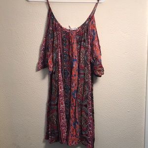 Peek-a-boo shoulder dress with beautiful print